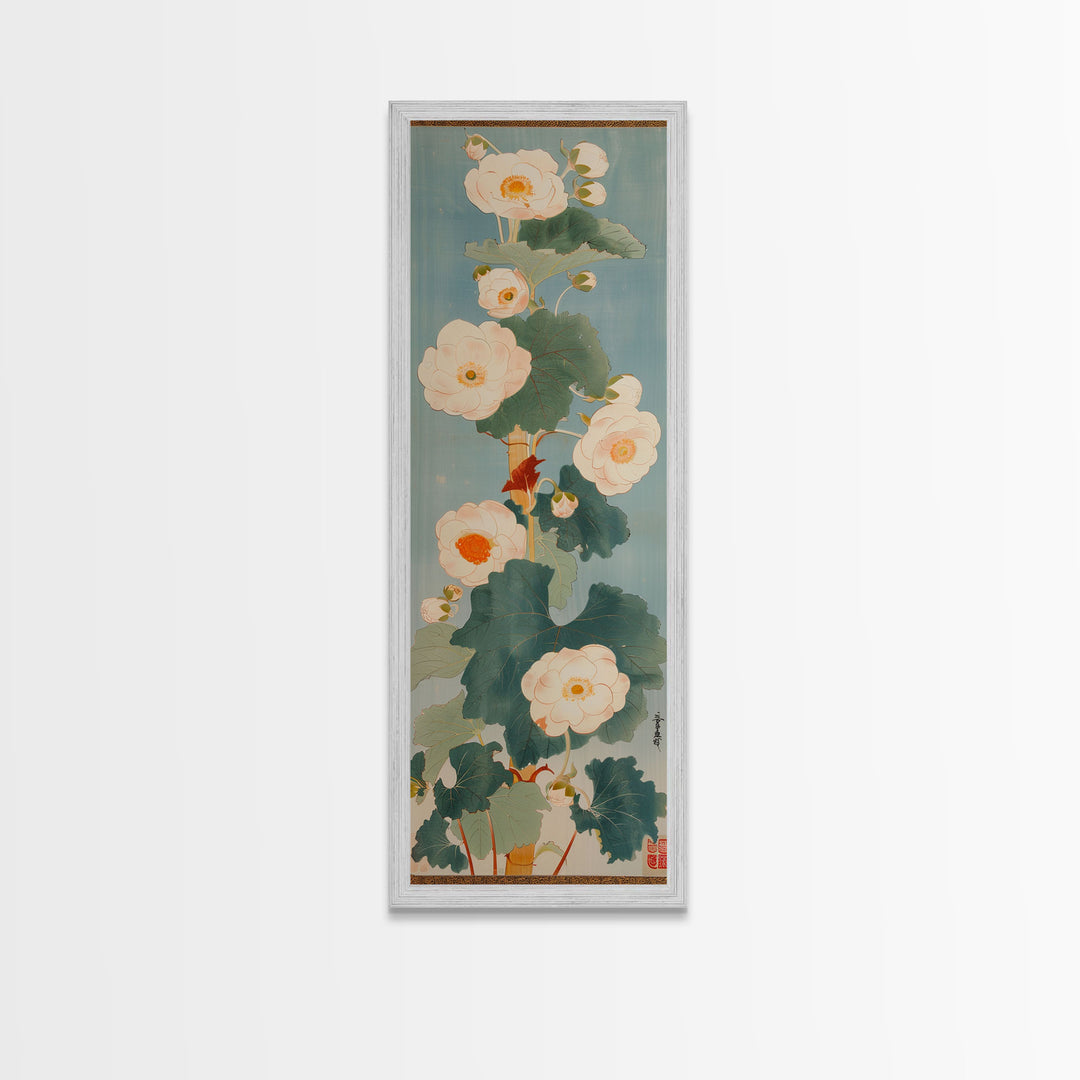 Tall White Blooms with Large Leaves on Blue Background, Framed Canvas Print in Japanese Art Style