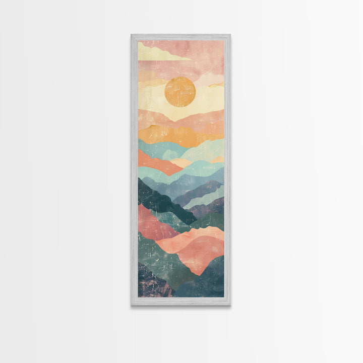 Abstract Sunset Over Rolling Hills, Japanese Art-Inspired Tall Framed Canvas Print for Wall Art