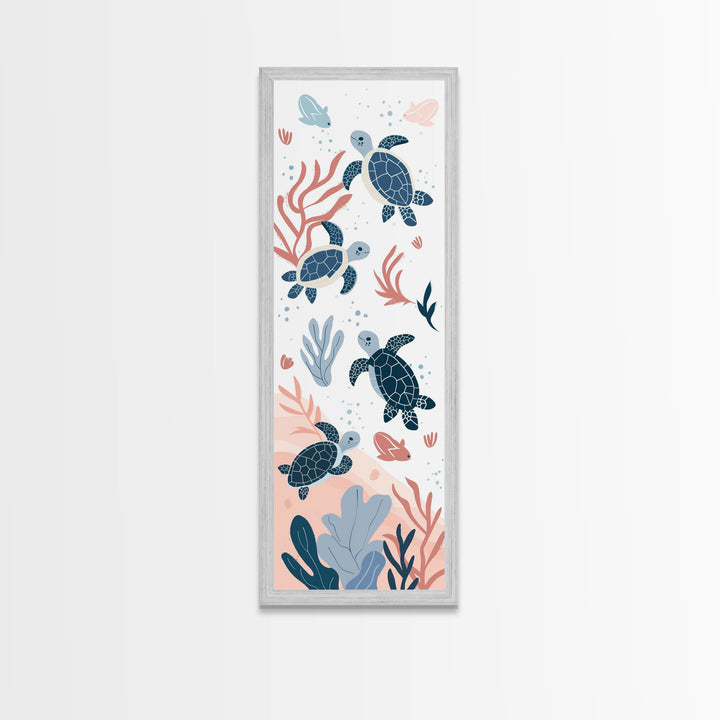 Swimming Sea Turtles with Coral, Tall Framed Canvas Print in Japanese Ukiyo-e Style Wall Art