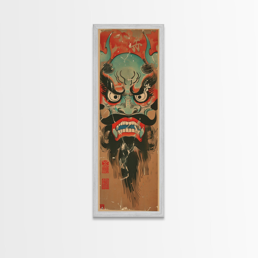 Traditional Japanese Demon Mask Art In Ukiyo-e Style Framed Canvas Print Tall Skinny Cultural Wood Block Wall Decor