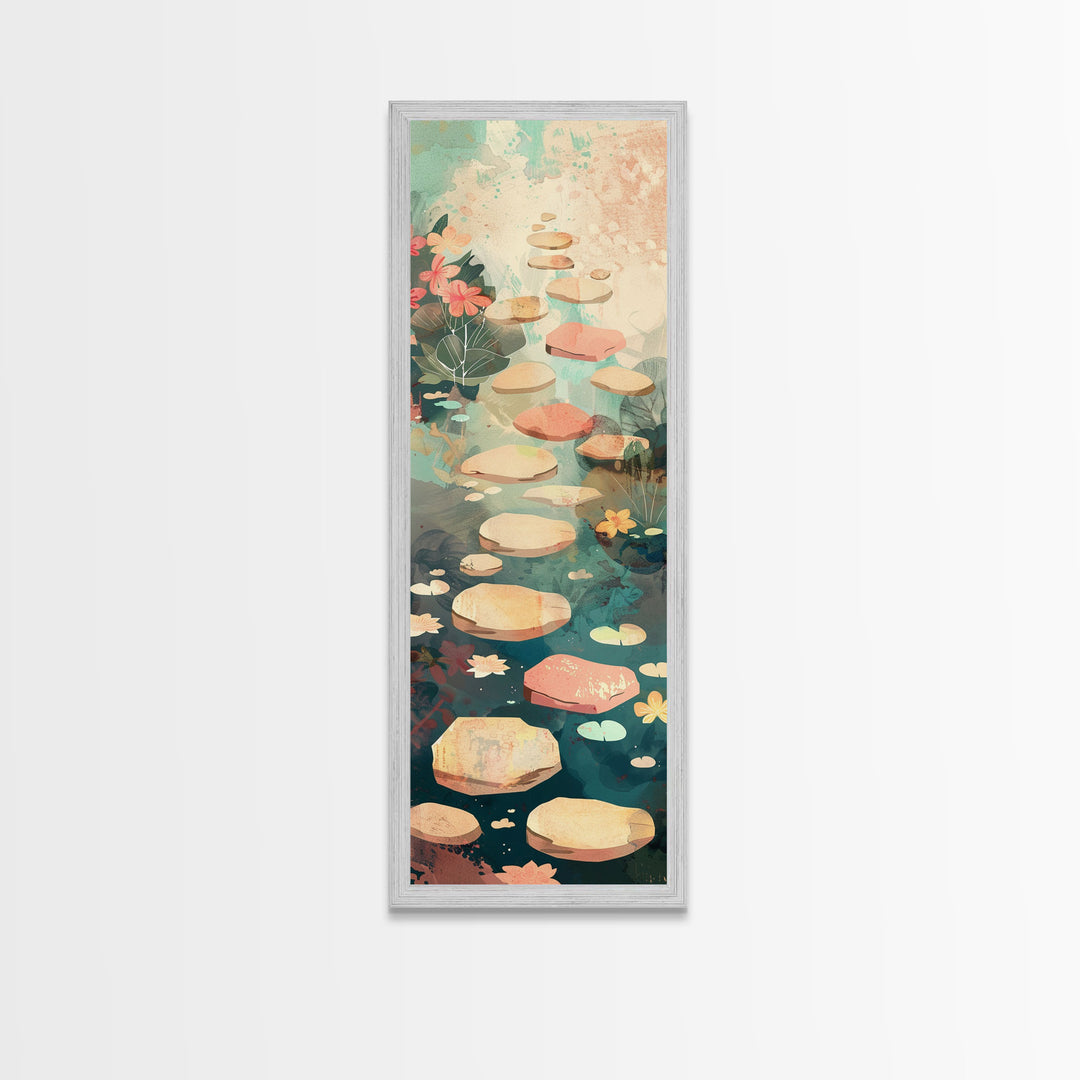 Stepping Stones In Japanese Garden Tranquil Path Art On Framed Canvas Print In Ukiyo-e Style Tall Skinny Wood Block Wall Decor