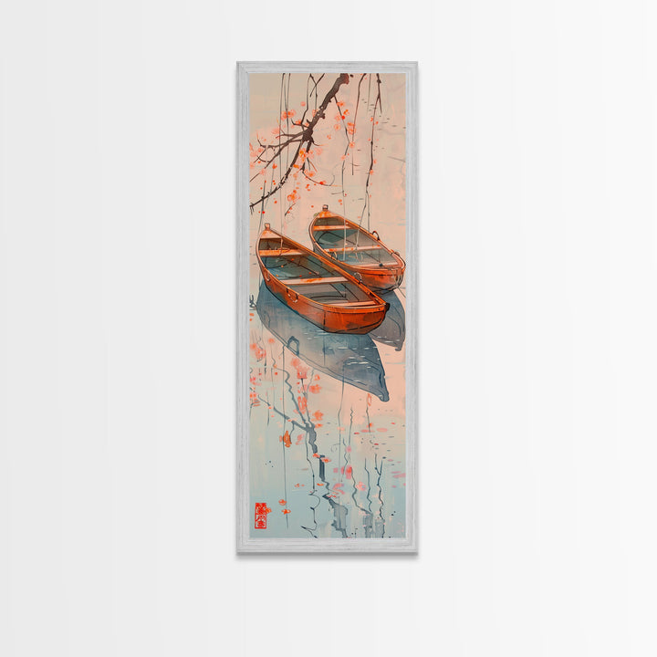 Two Wooden Boats Water Cherry Blossoms Reflected Japanese Style Tall Wall Art Skinny Framed Canvas Print