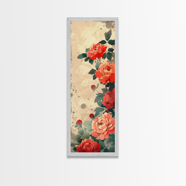 Vibrant Peonies Blooming Against A Soft Beige Background Traditional Japanese Aesthetic Tall Framed Canvas Print Floral Decor