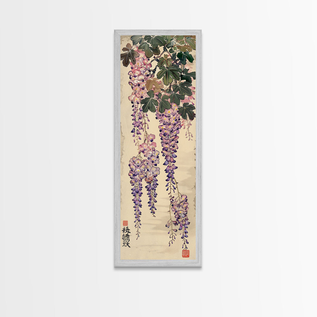 Wisteria Flowers Dangling Gracefully on a Textured Canvas Ukiyo-e Art Japanese Framed Canvas Print Skinny Tall Art