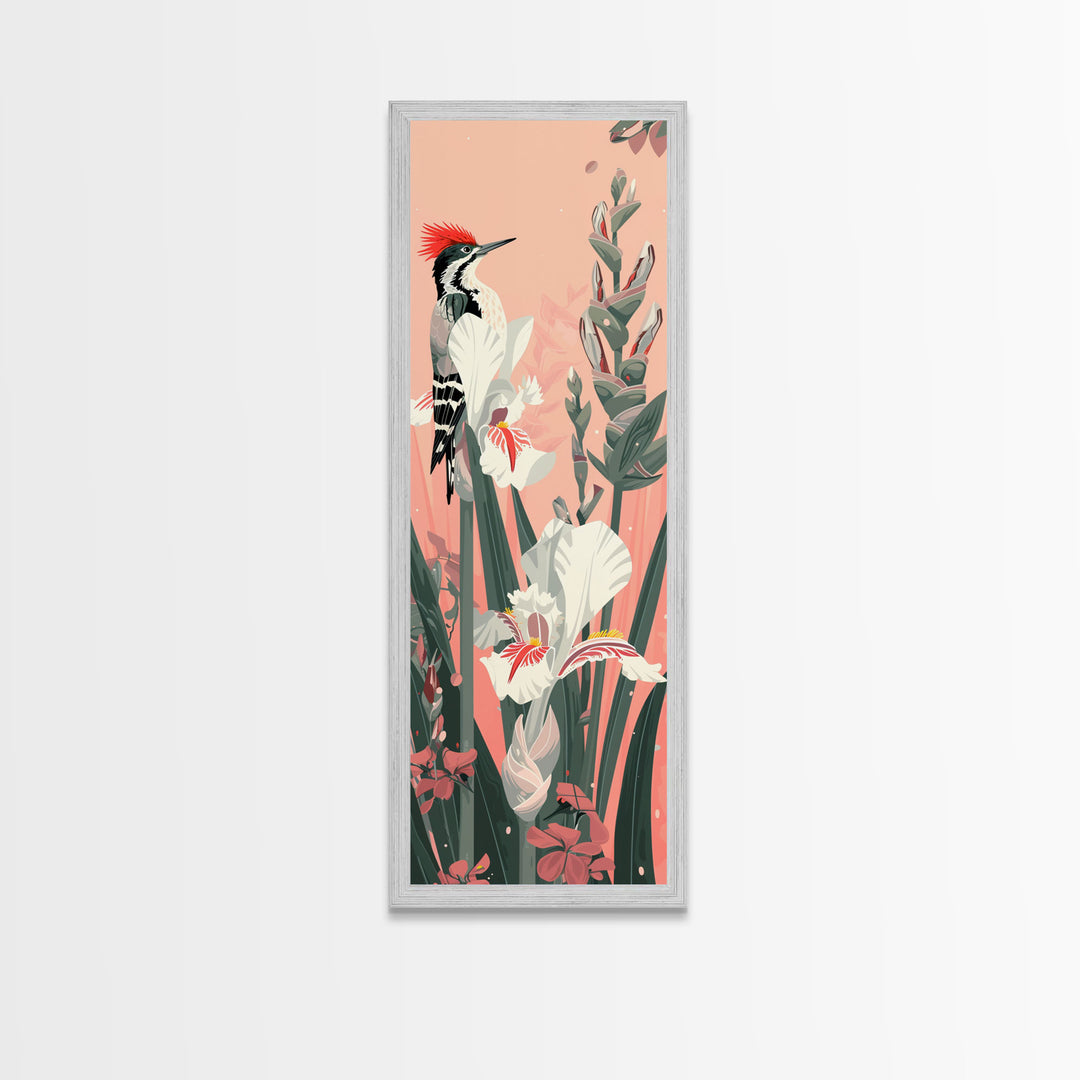 Woodpecker Perched on Stalks of Flowers against a Soft Pink Background Ukiyo-e Art Japanese Framed Canvas Print Skinny Tall Art