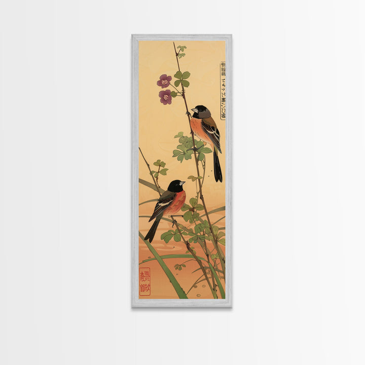 Tall Art, Skinny Art, Japanese Style Art, Birds On Branches Wood Block Print Framed Canvas Print Ukiyo-e Art