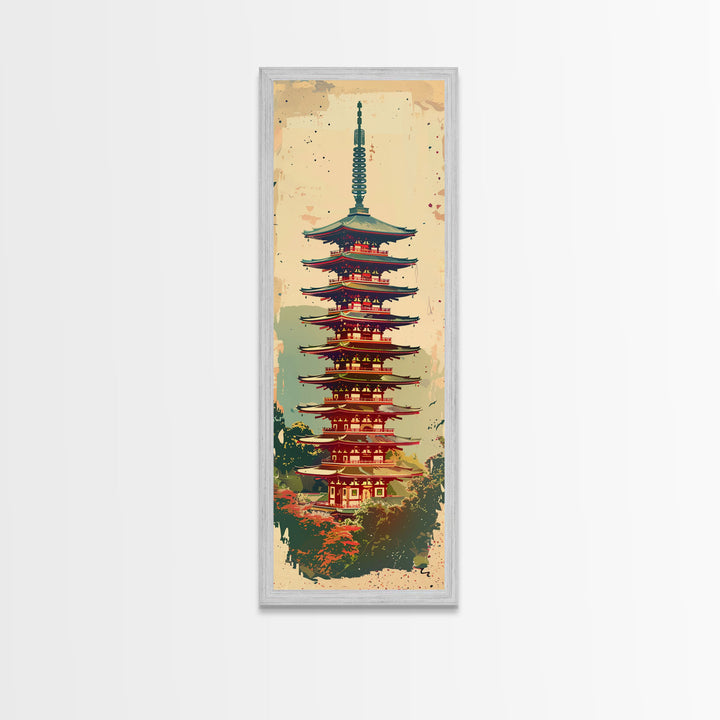 Tall Art, Skinny Art, Japanese Style Art, Pagoda Tower Wood Block Print Framed Canvas Print Ukiyo-e Art