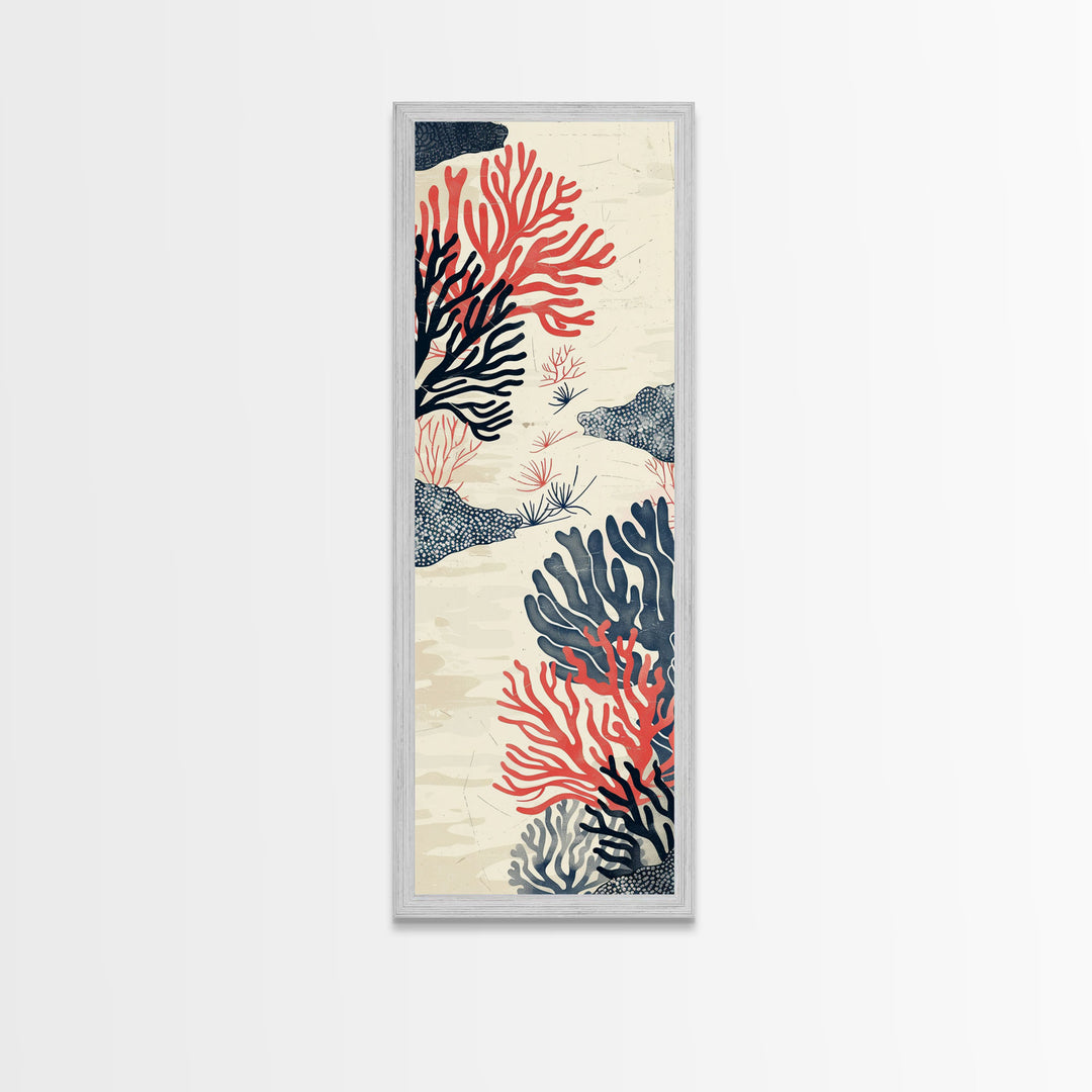 Skinny Art, Tall Art, Japanese Style Art, Coral Reef Wood Block Print Framed Canvas Print Ukiyo-e Art