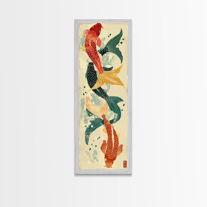 Ukiyo-e Art Of Two Koi Fish Intertwined In A Harmonious Composition, Skinny Art, Tall Art, Japanese Style Art, Wood Block Print, Framed Canvas Print