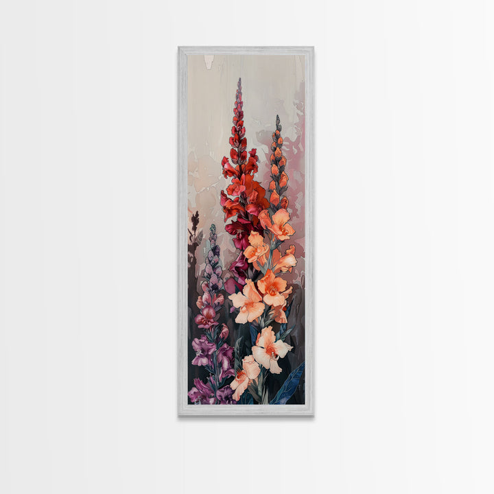 Wood Block Print Featuring Vibrant Gladiolus Flowers In A Dynamic Arrangement, Skinny Art, Tall Art, Japanese Style Art, Ukiyo-e Art, Framed Canvas Print