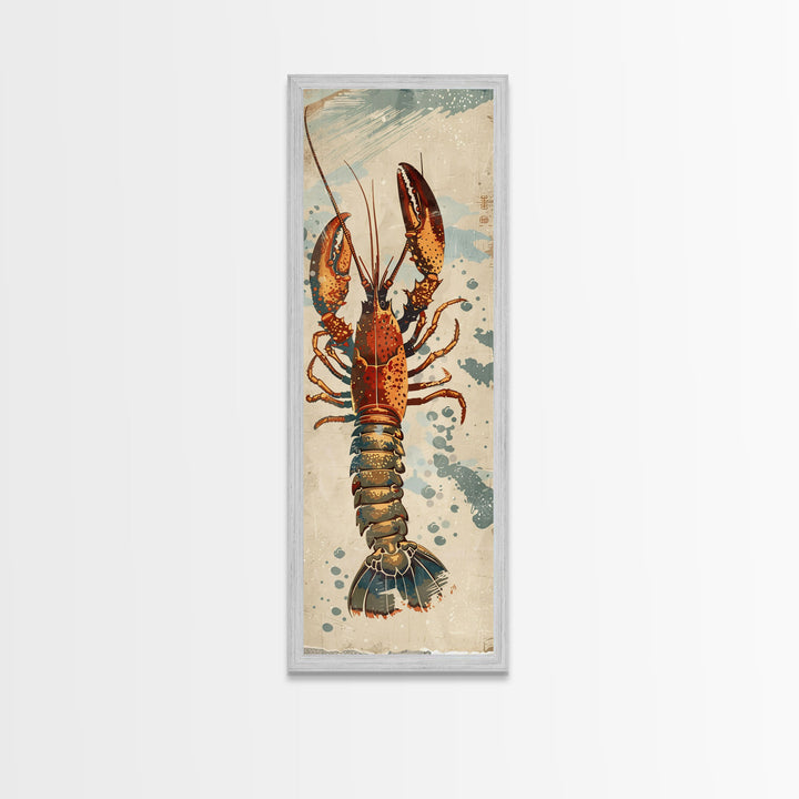 Ukiyo-e Art Of A Boldly Colored Lobster With Intricate Details, Skinny Art, Tall Art, Japanese Style Art, Framed Canvas Print, Wood Block Print