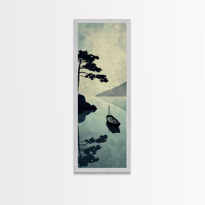 Skinny Art Tall Art Serene Lake Scene With Boat Wood Block Print Japanese Style Art Framed Canvas Print Calm Reflections On Still Water