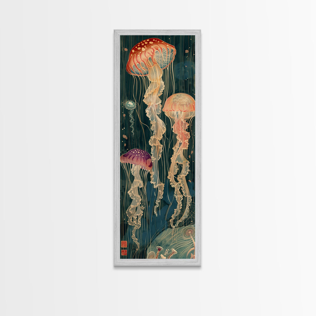 Skinny Art Tall Art Jellyfish Wood Block Print Japanese Style Art Captivating Underwater Scene Framed Canvas Print