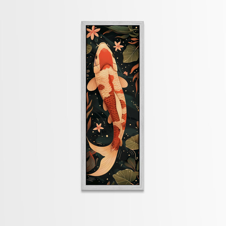 Skinny Art Tall Art Koi Fish Wood Block Print Japanese Style Art Swimming Among Lotus Flowers Framed Canvas Print