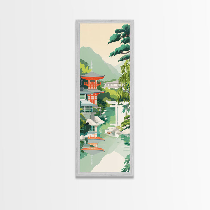 Skinny Art Tall Art Tranquil Japanese Garden Wood Block Print Japanese Style Art With Pagoda Reflected In Water Framed Canvas Print