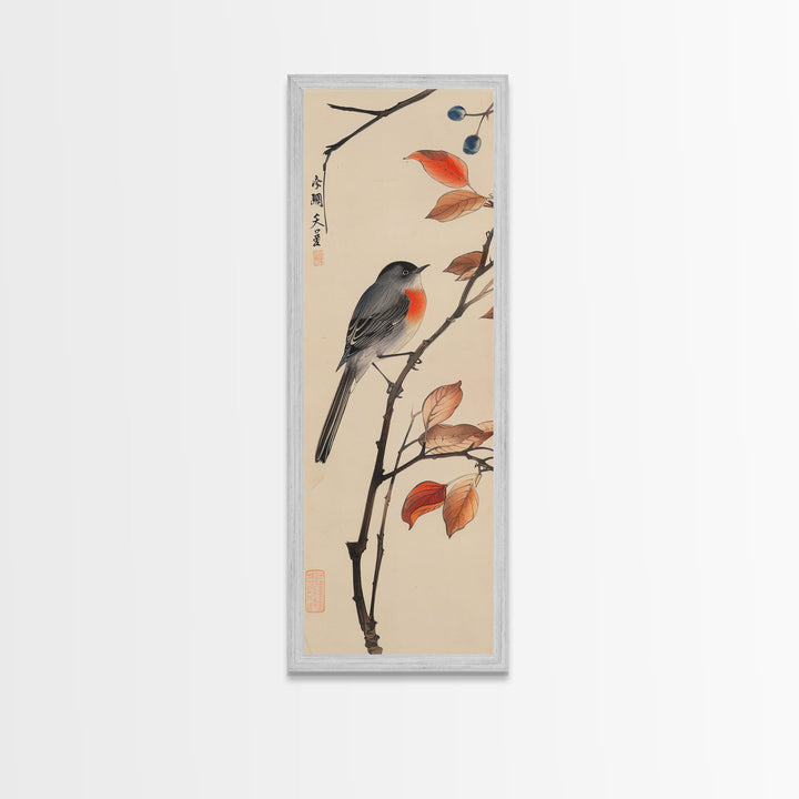 Songbird Perched On Branch With Autumn Leaves Skinny Art Wood Block Print Framed Canvas Print