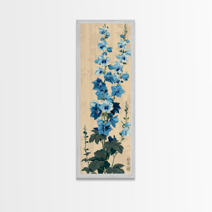 Tall Blue Delphinium Flowers Against Beige Background Ukiyo-e Wood Block Print Framed Canvas Print