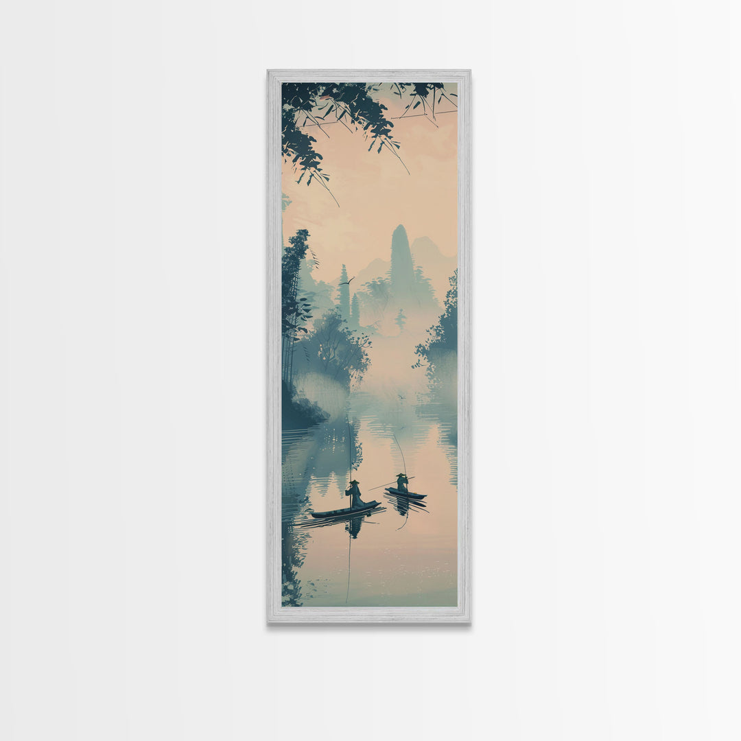 Tranquil Fishermen In Early Morning Misty Lake Scene Ukiyo-e Wood Block Skinny Tall Framed Canvas Print Japanese Style Art