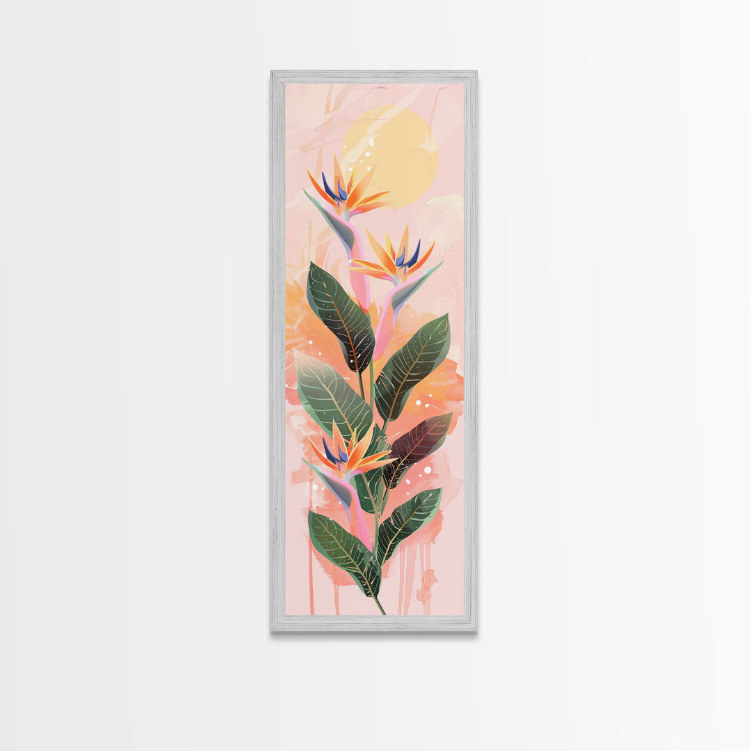 Vibrant Bird Of Paradise Flowers Against Soft Pastel Background Ukiyo-e Style Skinny Tall Wood Block Framed Canvas Print