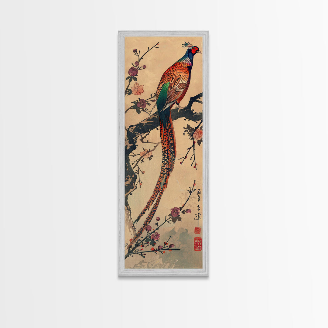 Vibrant Pheasant Perched On Flowering Branch For Traditional Japanese Art Wall Decor Framed Canvas Print