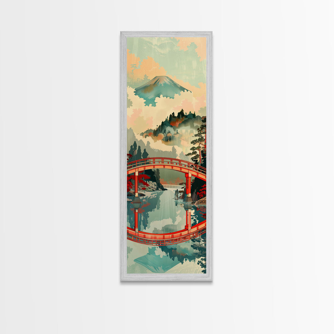 Stunning Mount Fuji With Red Bridge Reflection, Skinny Tall Framed Canvas Print, Feng Shui-Inspired Japanese Style Art For Wall Art