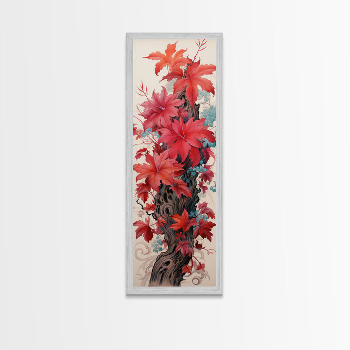 Vibrant Red Leaves On A Gnarled Tree Trunk, Tall Skinny Canvas Print For Feng Shui Decor, Japanese Style Wall Art