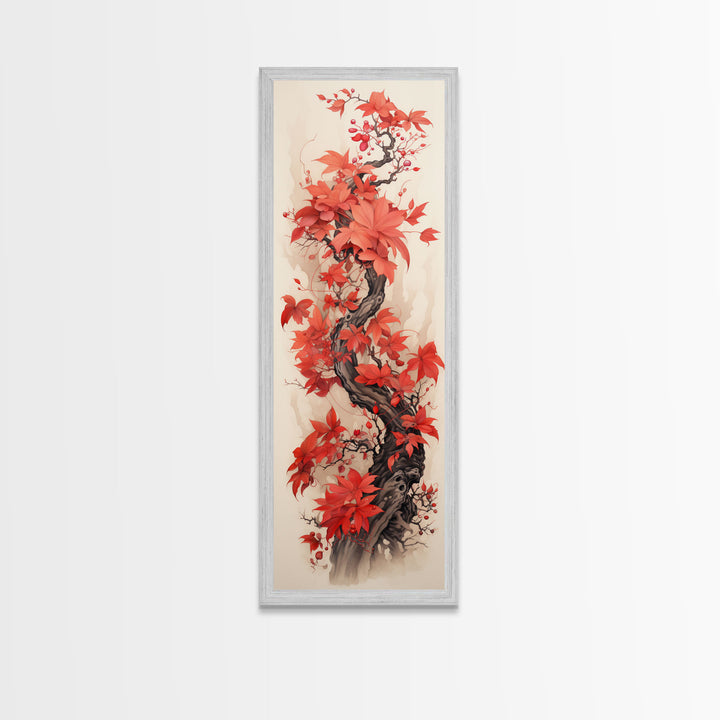 Twisting Red Vine With Autumn Berries, Skinny Tall Canvas Art Perfect For Feng Shui-Inspired Japanese Style Wall Art