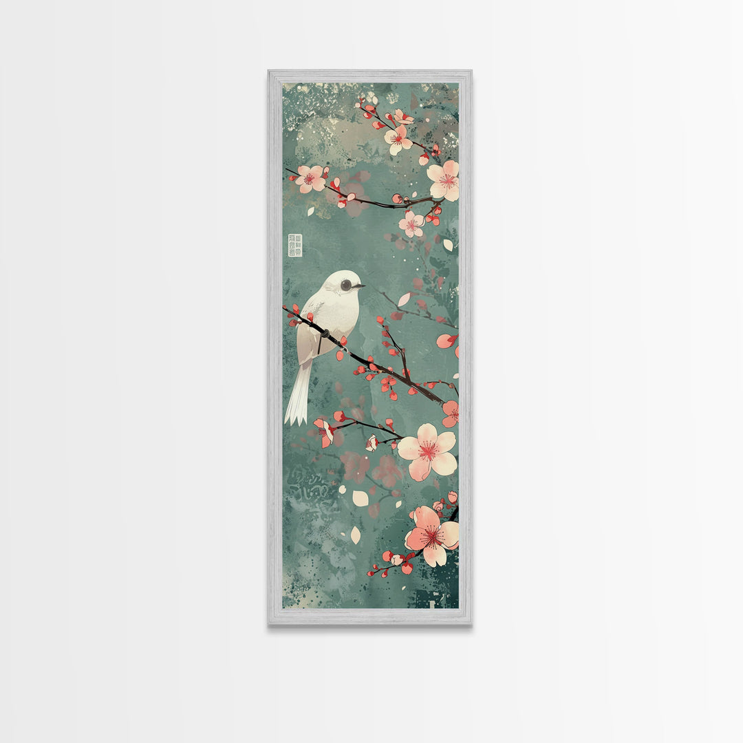 White Bird Perched On A Branch With Blossoms – Framed Canvas Print Combining Skinny Art And Tall Art Inspired By Ukiyo-E Art And Japanese Style Art