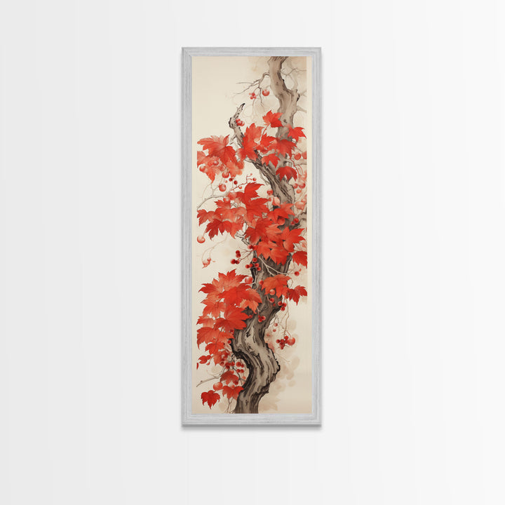 Striking Red Leaves And Berries On A Gnarled Tree, Tall Skinny Canvas Print For Feng Shui-Inspired Wall Art, Japanese Style Art