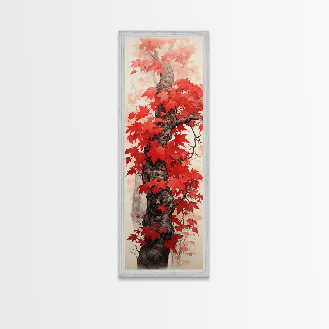 Skinny Art Tall Art Framed Canvas Print Japanese Style Art Wood Block Print Red Maple Leaves Tree Trunk Ukiyo-e Feng Shui Wall Art