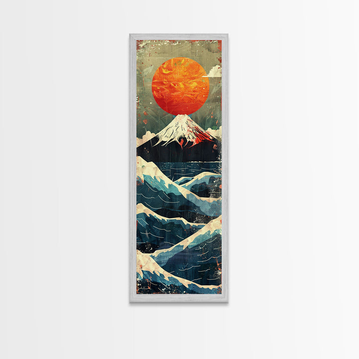 Skinny Art Tall Art Framed Canvas Print Japanese Style Art Mount Fuji Sunset Wood Block Print Ukiyo-e Feng Shui Wall Art