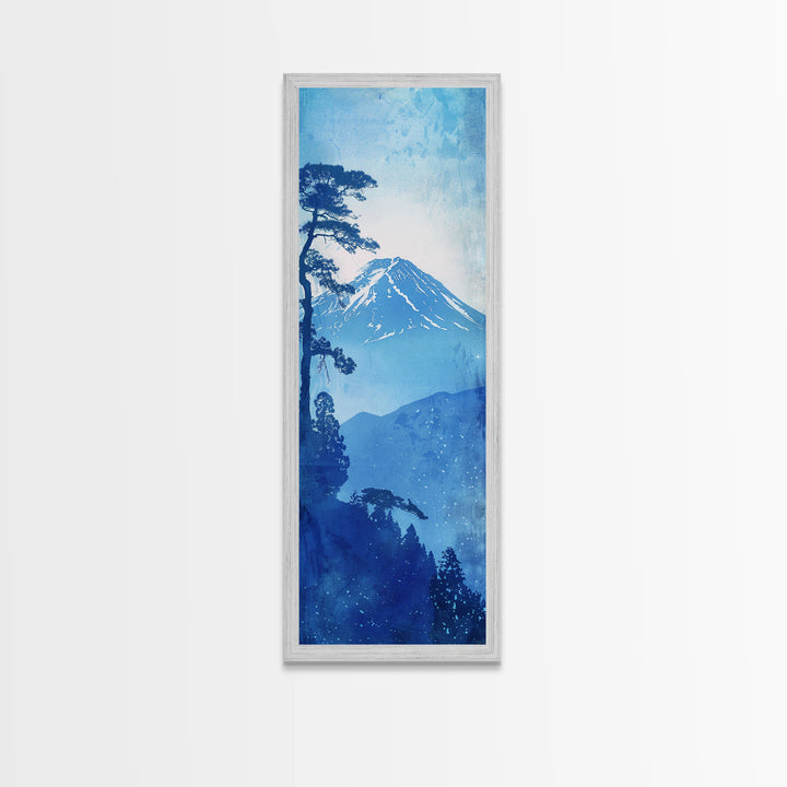 Skinny Art Tall Art Framed Canvas Print Japanese Style Art Blue Mount Fuji Forest Wood Block Print Ukiyo-e Feng Shui Wall Art