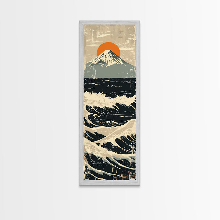 Skinny Art Tall Art Framed Canvas Print Japanese Style Art Vintage Mount Fuji Sun And Waves Wood Block Print Ukiyo-e Feng Shui Wall Art