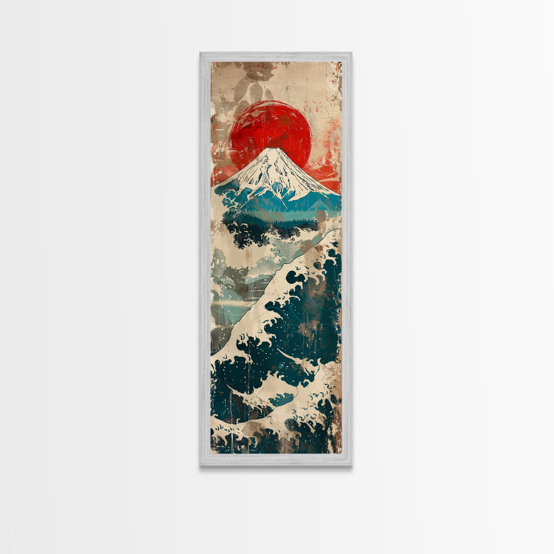 Skinny Art Tall Art Framed Canvas Print Japanese Style Art Retro Red Sun Mount Fuji Wood Block Print Ukiyo-e Feng Shui Wall Art