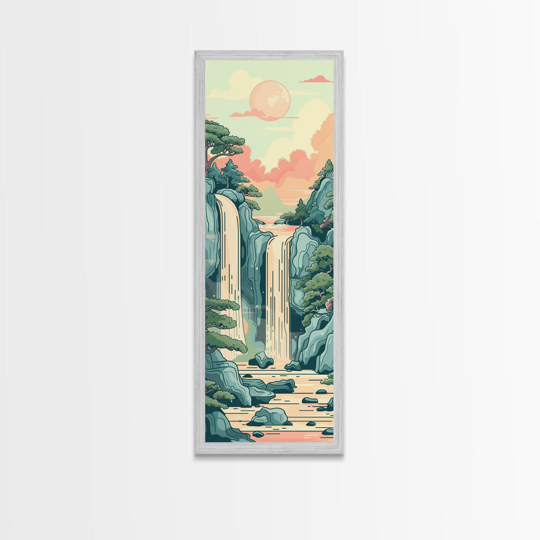 Waterfall With Scenic Landscape - Skinny Art Tall Art Framed Canvas Print Japanese Style Art Ukiyo-e Art