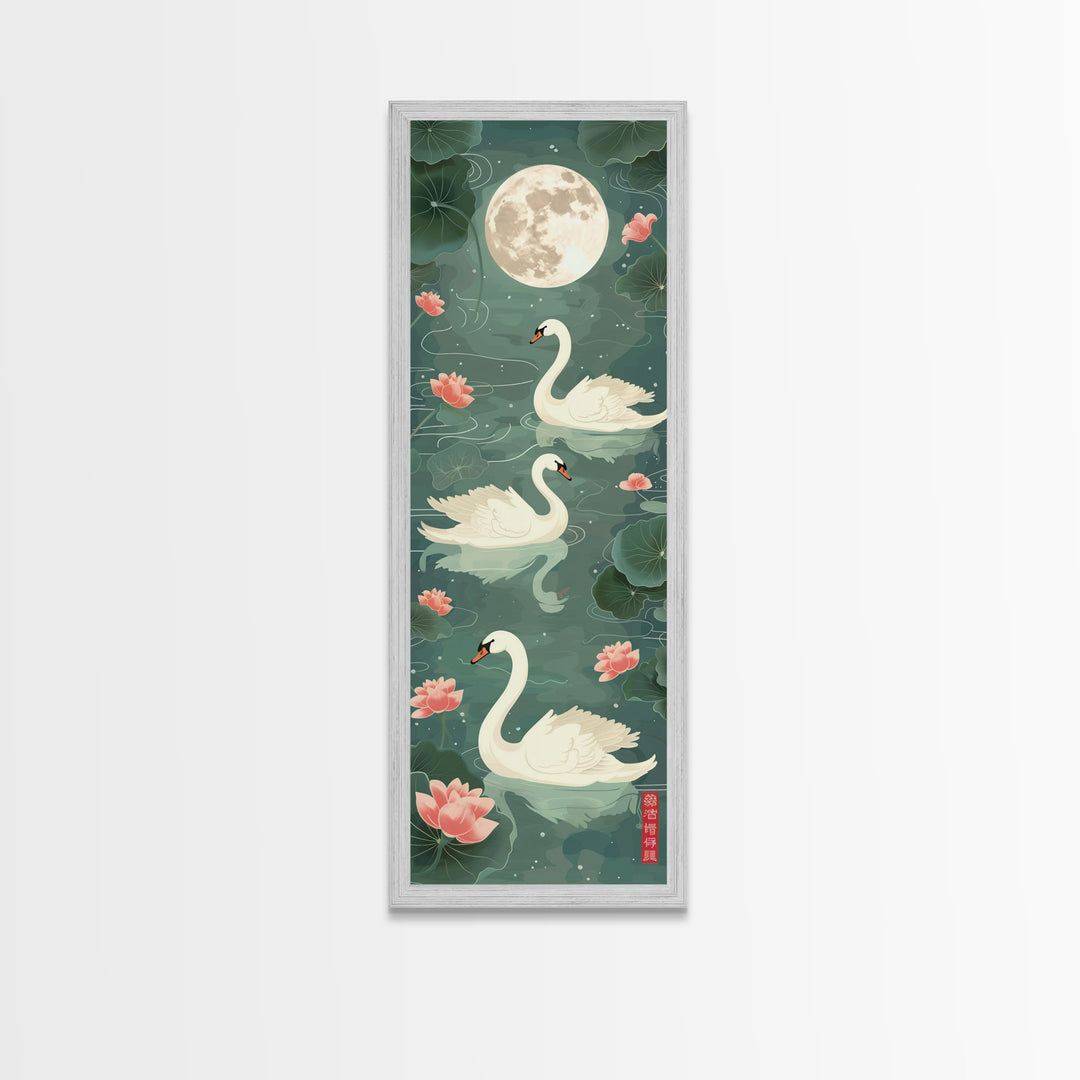 Swans Floating Gracefully Under The Full Moon In Japanese Style Ukiyo-e Art Framed Canvas Print Skinny Art Tall Art