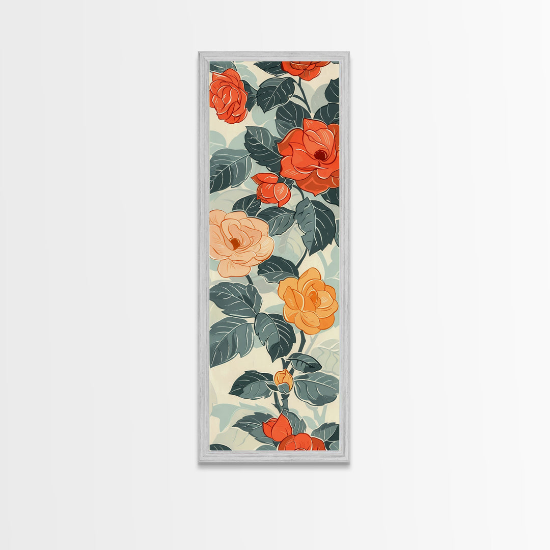 Vibrant Red And Orange Roses In Japanese Style Ukiyo-e Art Framed Canvas Print Skinny Art Tall Art