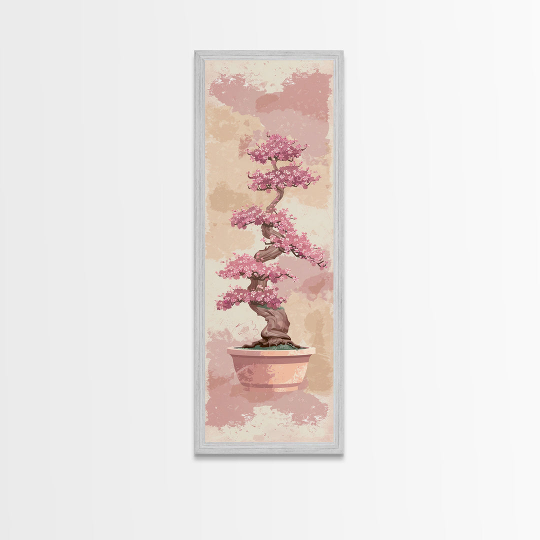 Tall Skinny Art Japanese Style Wood Block Print Potted Bonsai Tree On A Textured Background In Ukiyo-e Style For Framed Canvas Print