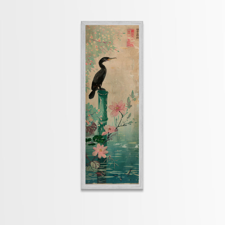 Tall Skinny Art Japanese Style Wood Block Print Bird Perched On Bamboo By A Pond With Flowers In Ukiyo-e Style For Framed Canvas Print