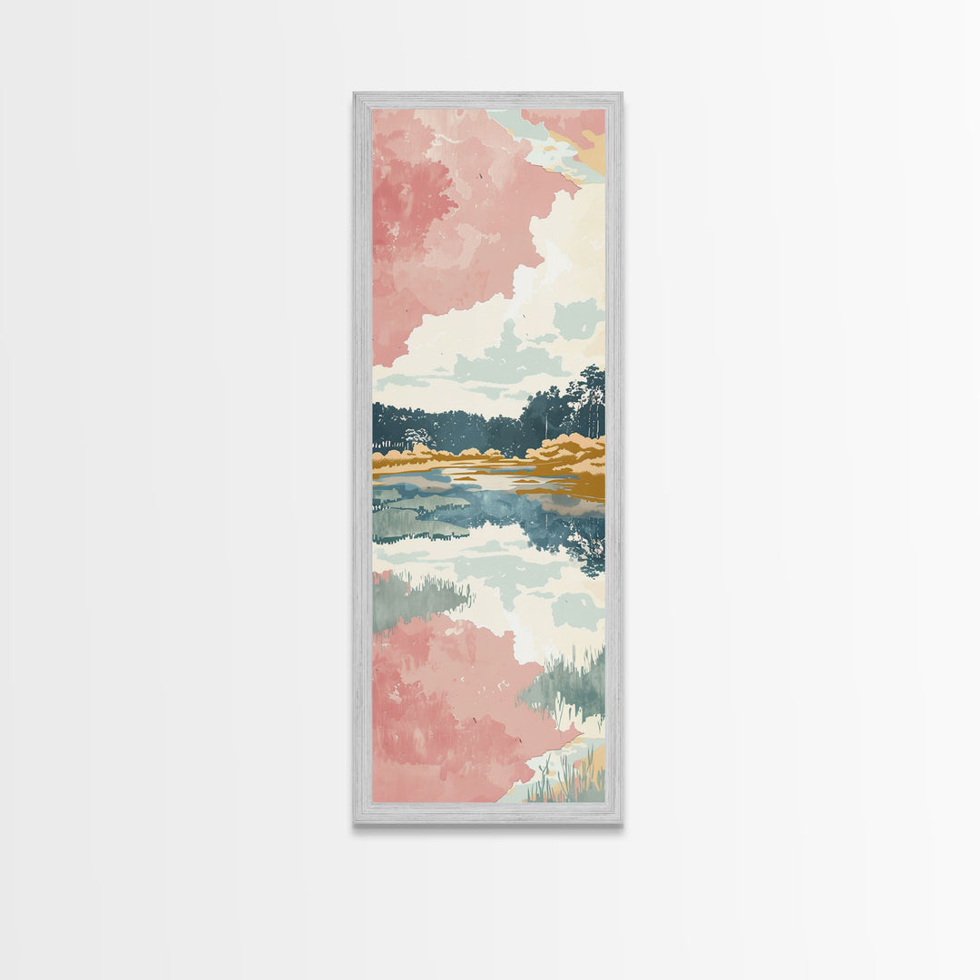 Tall Skinny Art Japanese Style Wood Block Print Serene Lake Scene With Pastel Reflections For Framed Canvas Print In Ukiyo-e Style