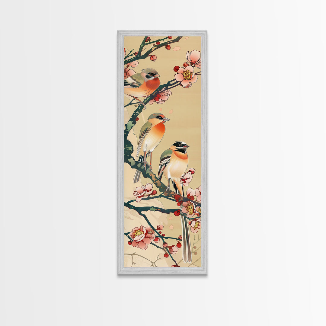 Tall Skinny Art Japanese Style Wood Block Print Vibrant Birds On Flowering Branches In Ukiyo-e Style For Framed Canvas Print