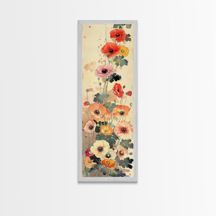 Tall Skinny Art Japanese Style Wood Block Print Colorful Poppy Flowers On A Neutral Background For Framed Canvas Print In Ukiyo-e Style