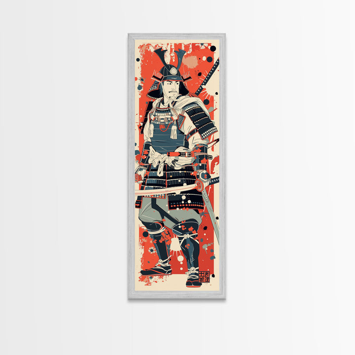 Tall Skinny Art Japanese Style Wood Block Print Samurai Warrior In Full Armor On A Red Background For Framed Canvas Print In Ukiyo-e Style