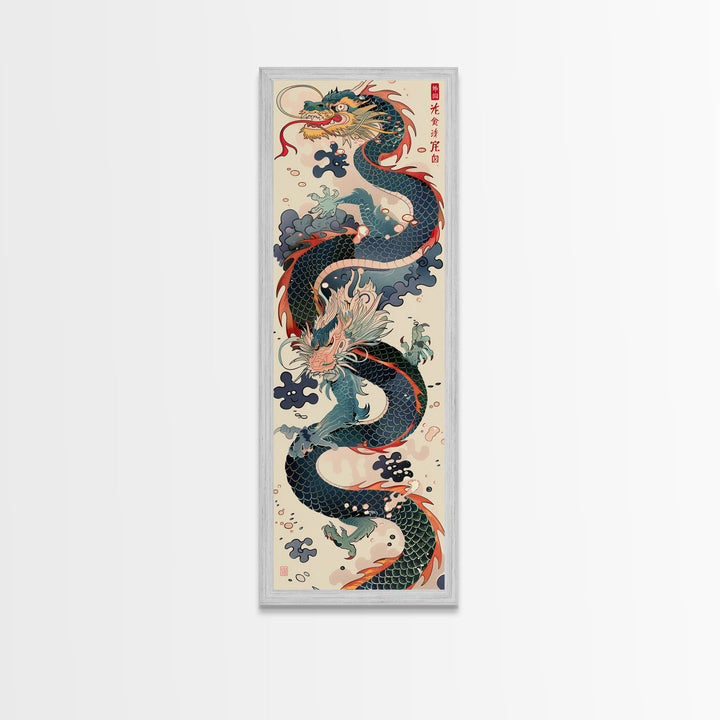 Tall Skinny Art Japanese Style Wood Block Print Dynamic Dragon In Traditional Colors On A Cream Background For Framed Canvas Print