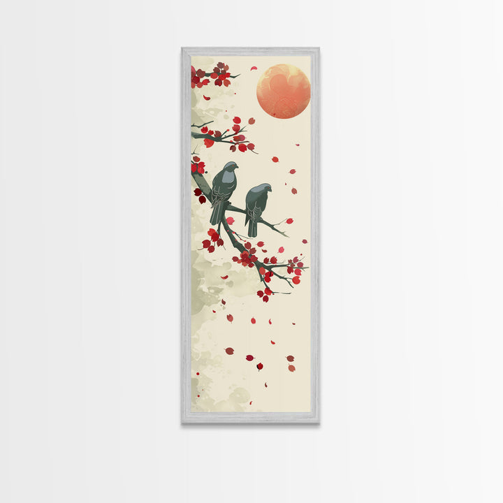 Two Pigeons On Branch With Red Leaves Skinny Art Wood Block Print Japanese Style Art Framed Canvas Print Tall Art Ukiyo-e Art