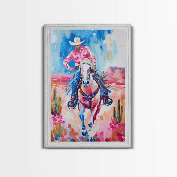 Vibrant Cowboy Riding Horse - Colorful Western Art, Framed Canvas Print, Living Room Decor, Cowboy Painting, Desert Wall Art