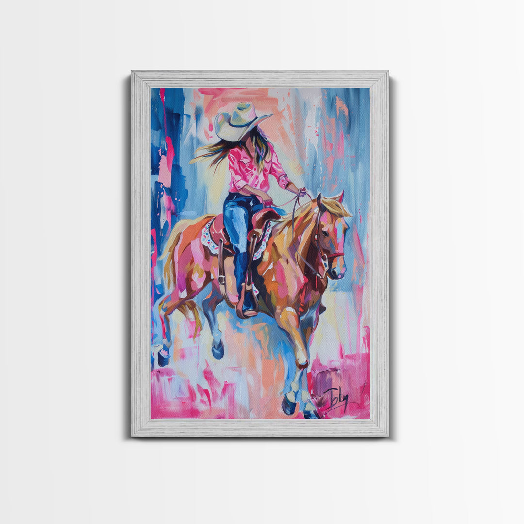 Stylish Cowgirl Riding Horse - Colorful Western Art, Framed Canvas Print, Living Room Decor, Cowgirl Painting, Vibrant Wall Art