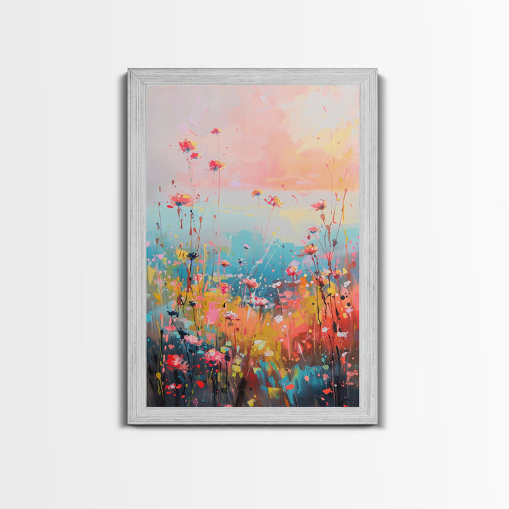 Abstract Floral Field at Sunset - Framed Canvas Print, Modern Living Room Art, Vibrant Bedroom Decor, Colorful Flower Art, Wall Art