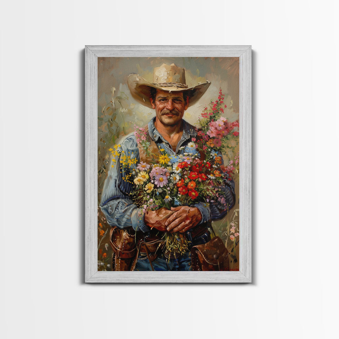 Smiling Cowboy with Flowers - Framed Canvas Print, Country Living Room Art, Rustic Bedroom Decor, Cowboy Art, Wall Art