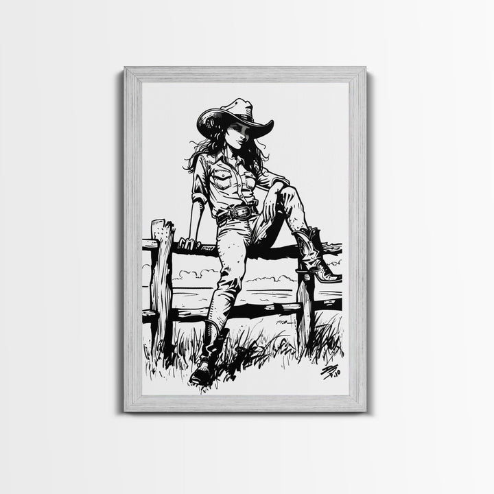 Western Cowgirl on Fence Art Print, Retro Silhouette Framed Canvas, Vintage Western Art, Unique Home Decor